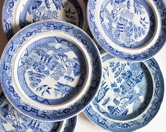 Dillwyn Swansea 'Willow' Pattern Blue and White Transferware 9.75" Plates (6)