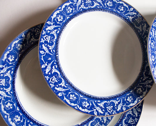 Newport Pottery Co. Burlsem England 'Medallion' Pattern Blue and White Transferware 10" Plates (4)