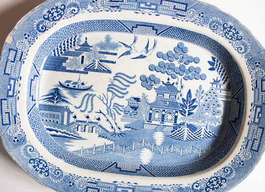 Antique 'Willow' Pattern 17.5" Blue and White Transferware Serving Platter