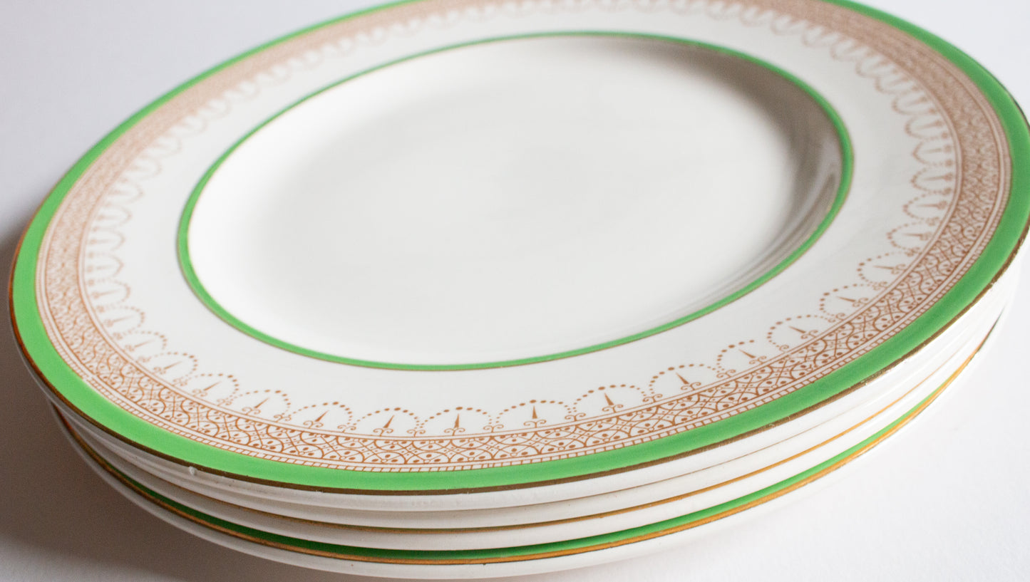 Burgess & Leigh Burleigh Ware Green and Gold Graduated 10" Dinner Plates (4)