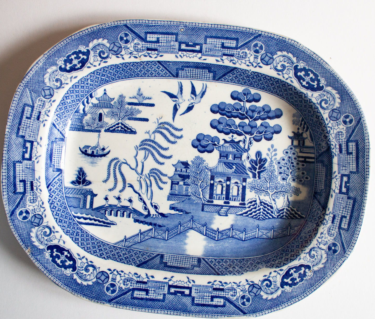 Antique 'Willow' Pattern 15" Blue and White Transferware Serving Platter