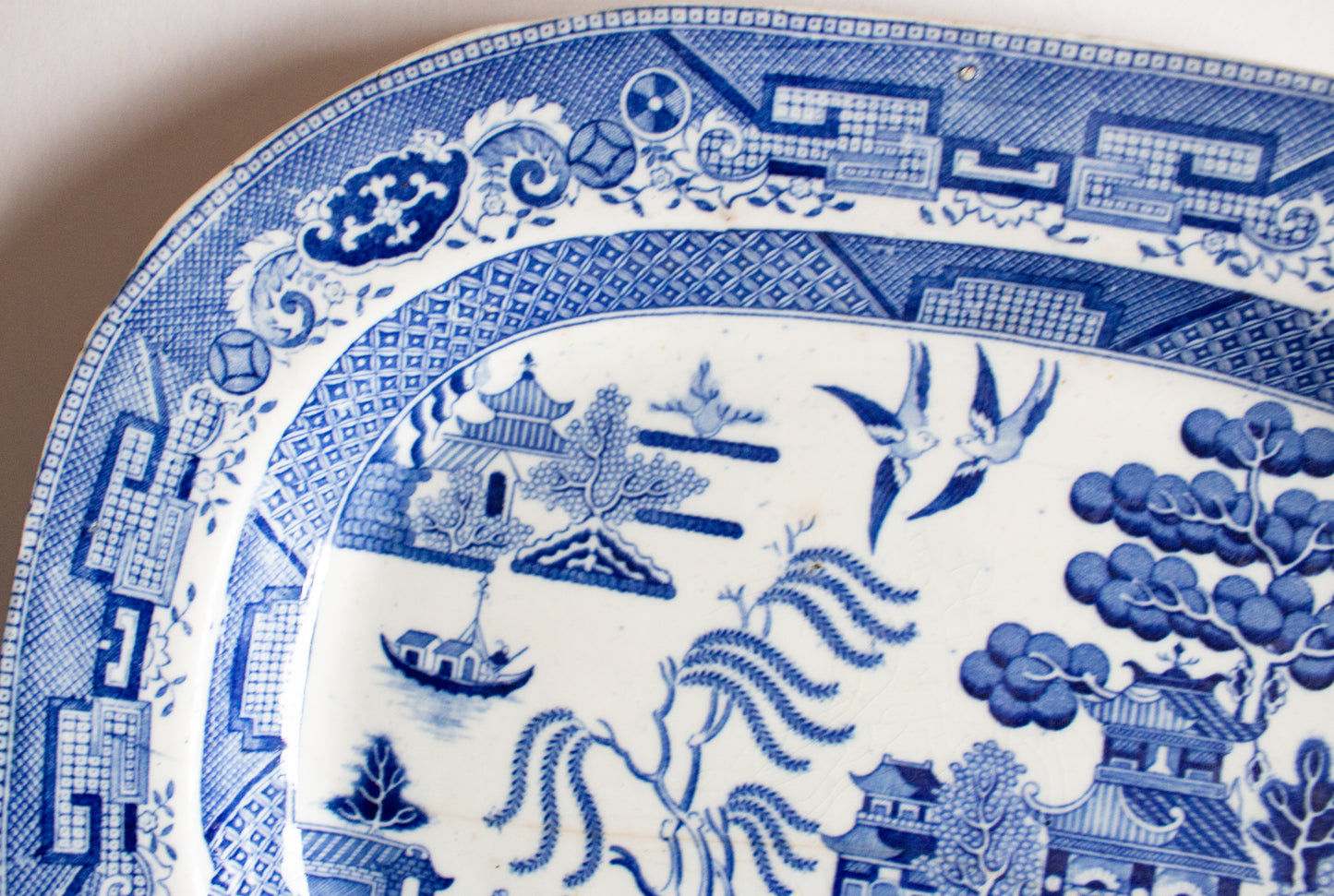 Antique 'Willow' Pattern 15" Blue and White Transferware Serving Platter