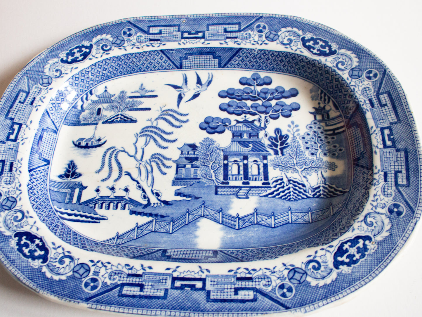 Antique 'Willow' Pattern 15" Blue and White Transferware Serving Platter