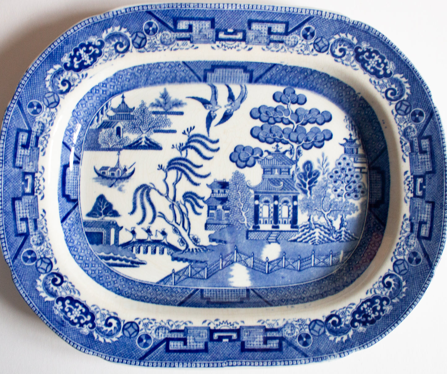 Antique 'Willow' Pattern 15.5" Blue and White Transferware Serving Platter