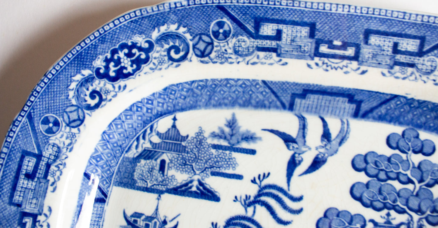 Antique 'Willow' Pattern 15.5" Blue and White Transferware Serving Platter