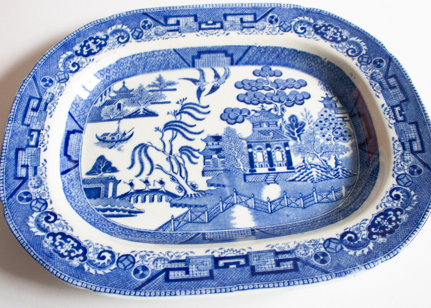 Antique 'Willow' Pattern 15.5" Blue and White Transferware Serving Platter
