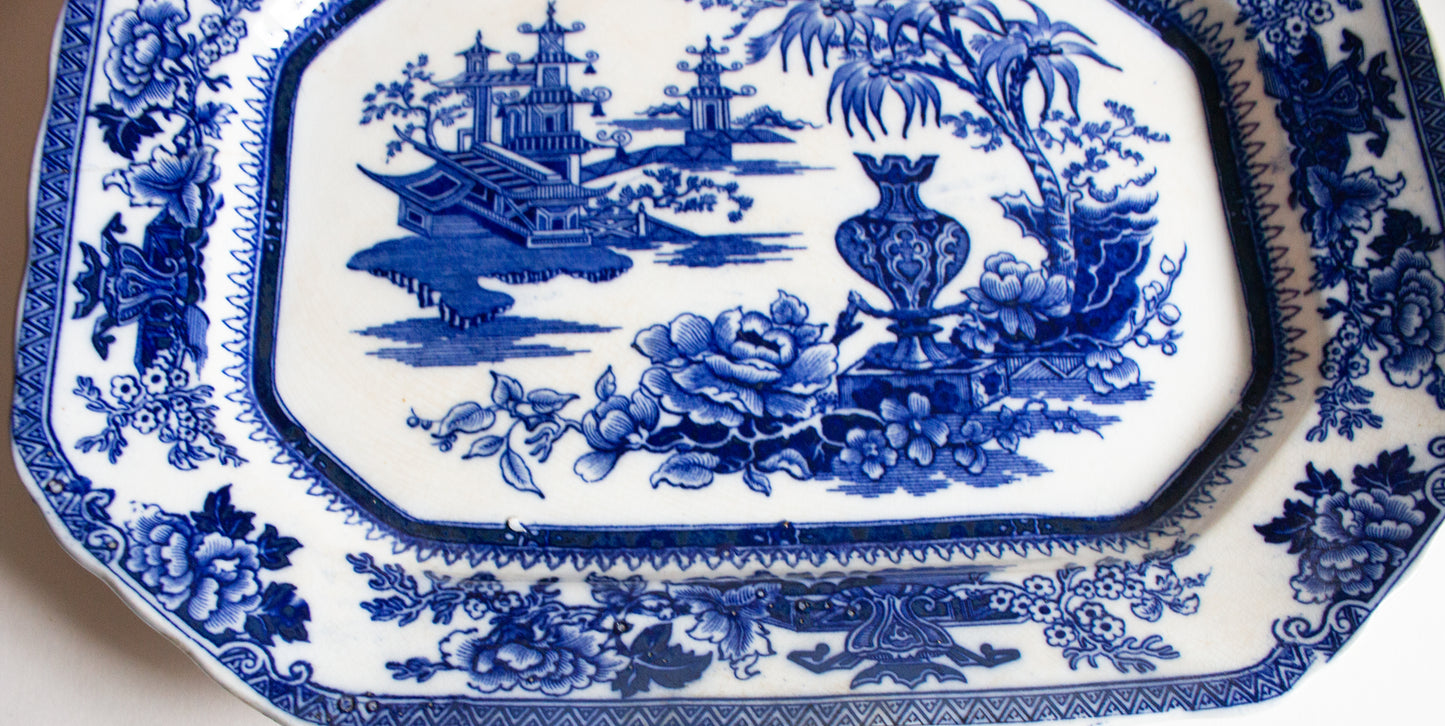 Antique Burgess & Leigh Staffordshire England. 'Lahore' Pattern 18" Flow Blue Meat Platter