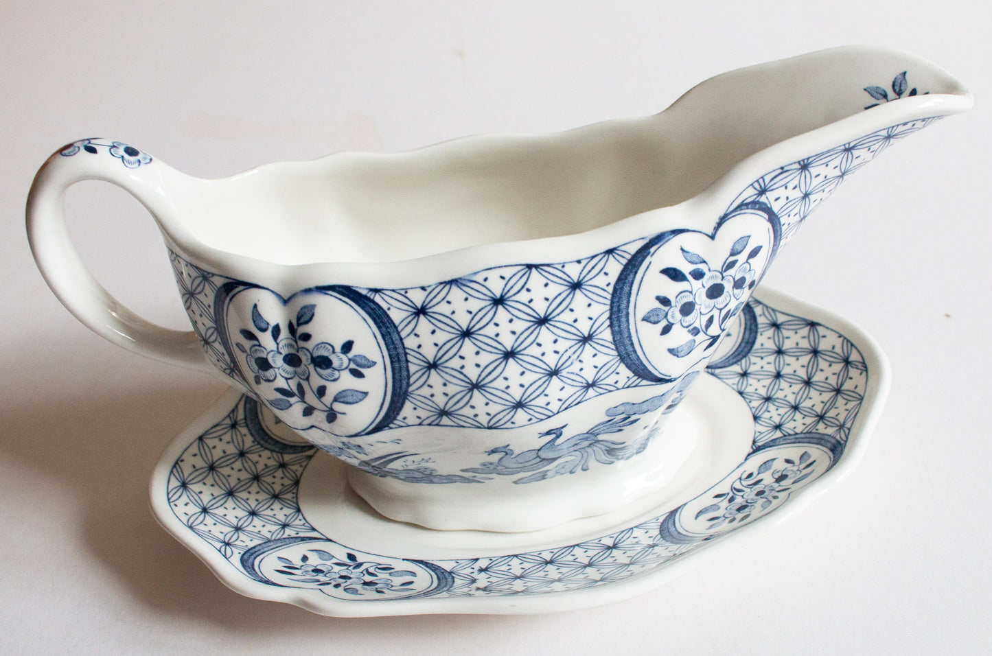 Furnivals 'Old Chelsea' Blue and White Transferware Gravy Boat and Stand