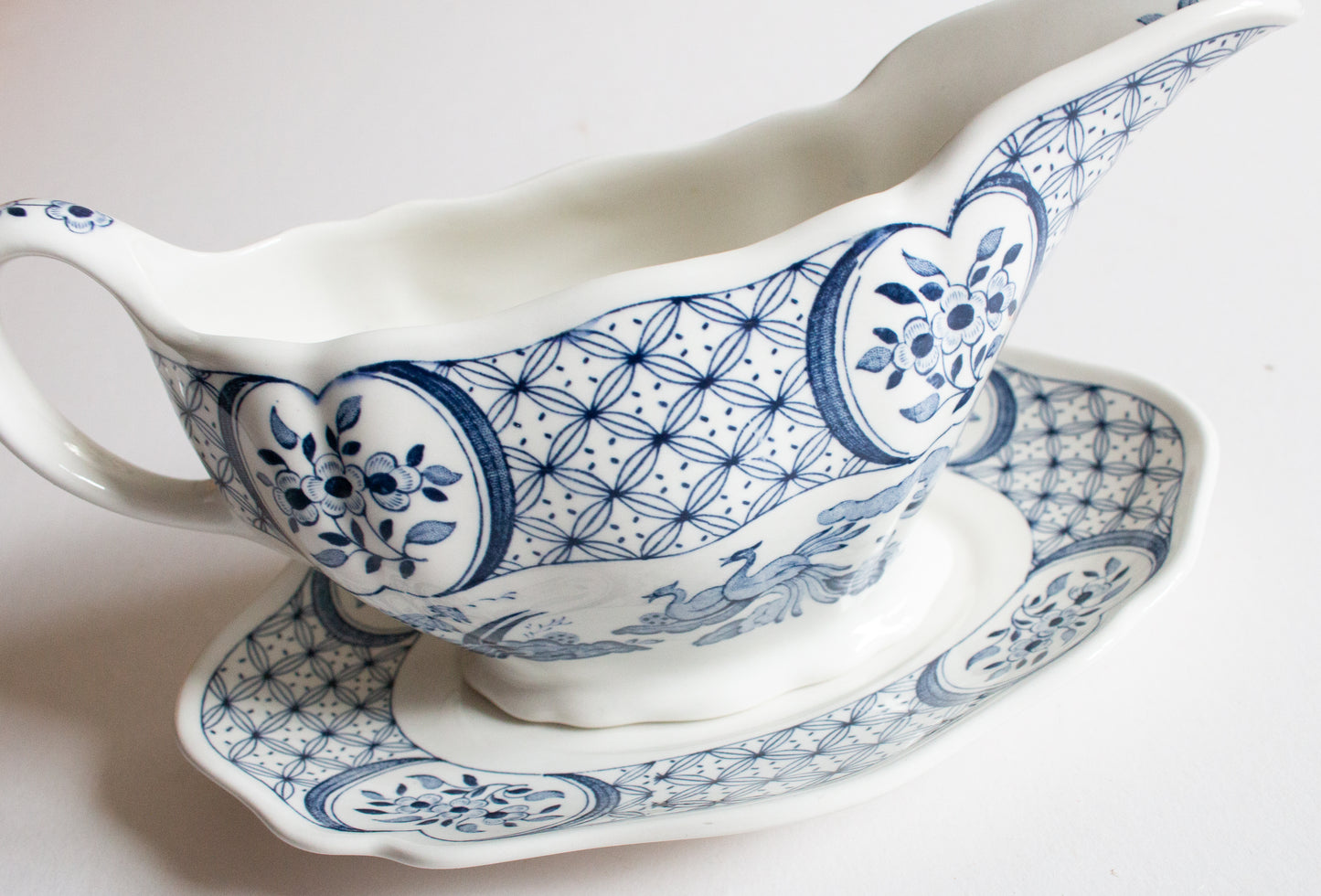Furnivals 'Old Chelsea' Blue and White Transferware Gravy Boat and Stand