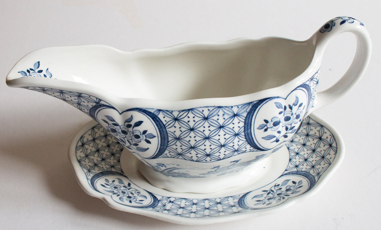 Furnivals 'Old Chelsea' Blue and White Transferware Gravy Boat and Stand