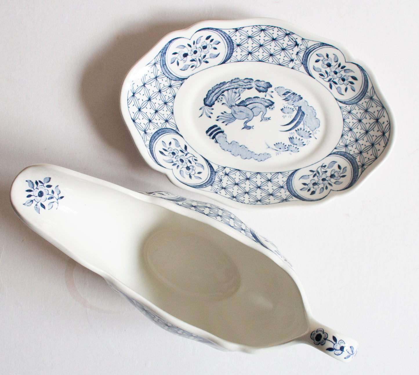 Furnivals 'Old Chelsea' Blue and White Transferware Gravy Boat and Stand