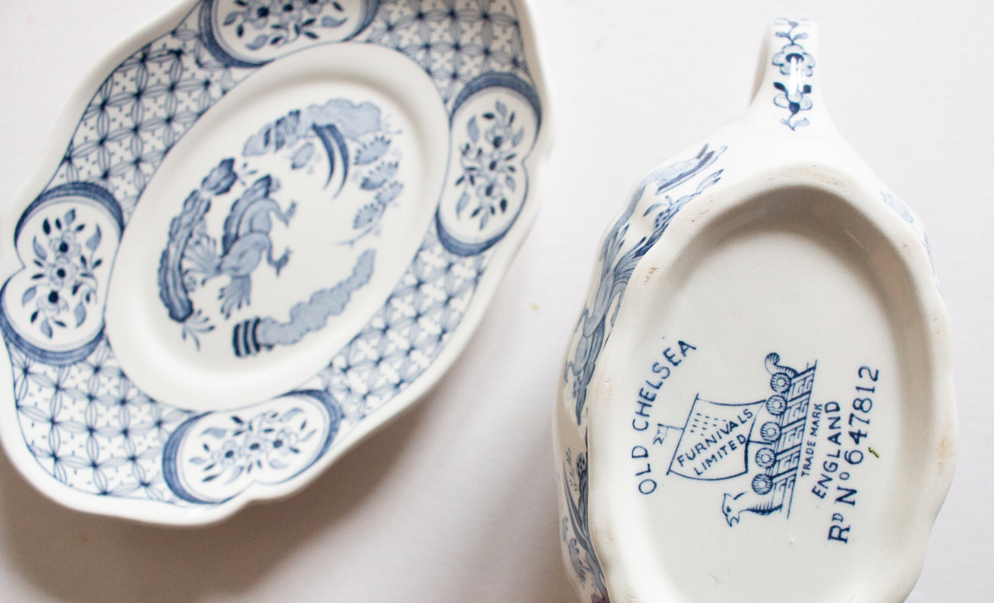 Furnivals 'Old Chelsea' Blue and White Transferware Gravy Boat and Stand