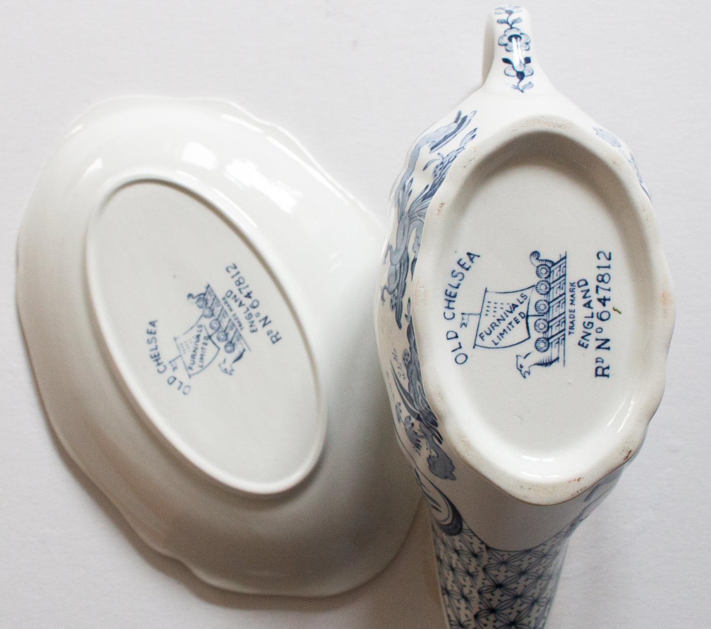 Furnivals 'Old Chelsea' Blue and White Transferware Gravy Boat and Stand