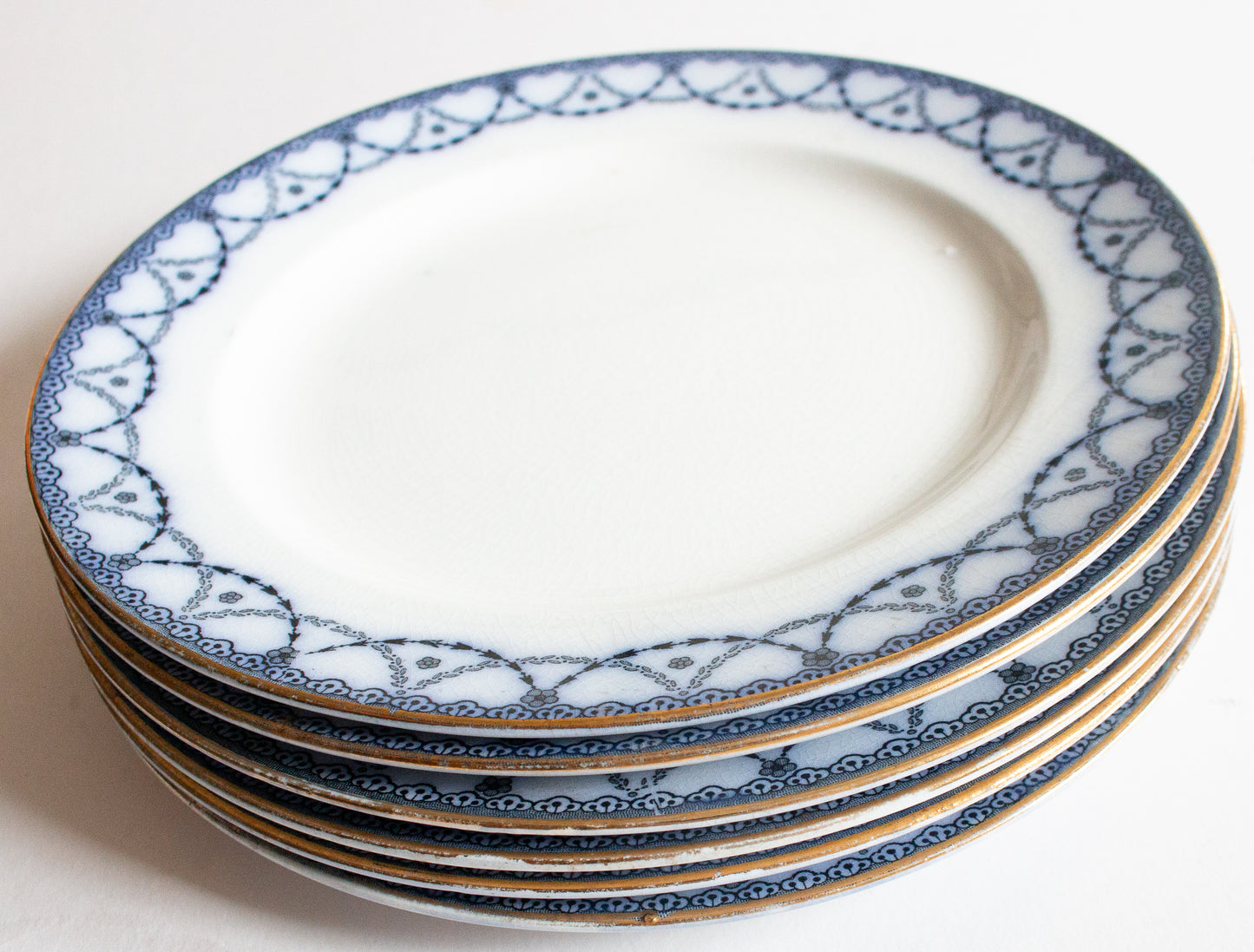 Henry Alcock & Co. Ltd. Semi Porcelain 'Laurel' Pattern Blue and White Transferware 9.75" Side Plates (6)