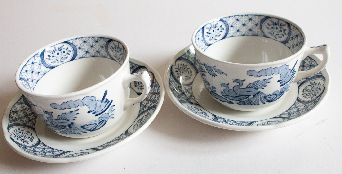 Furnivals 'Old Chelsea' Blue and White Transferware Teacups and Saucers (2)
