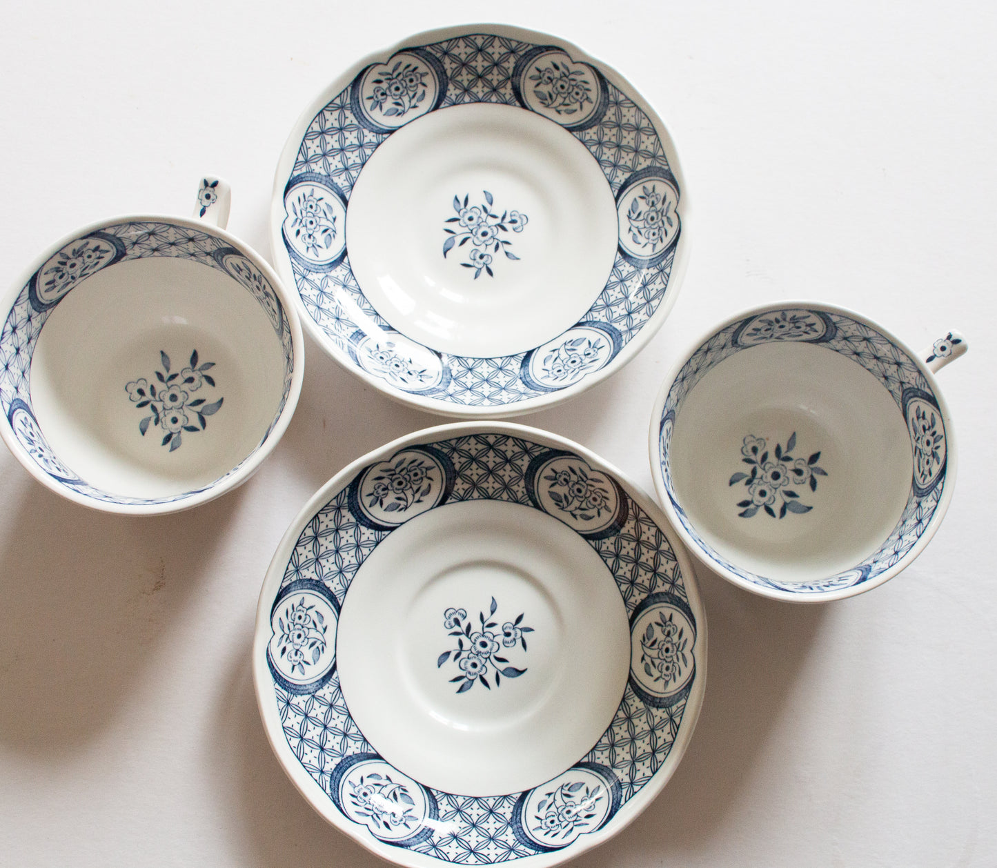 Furnivals 'Old Chelsea' Blue and White Transferware Teacups and Saucers (2)