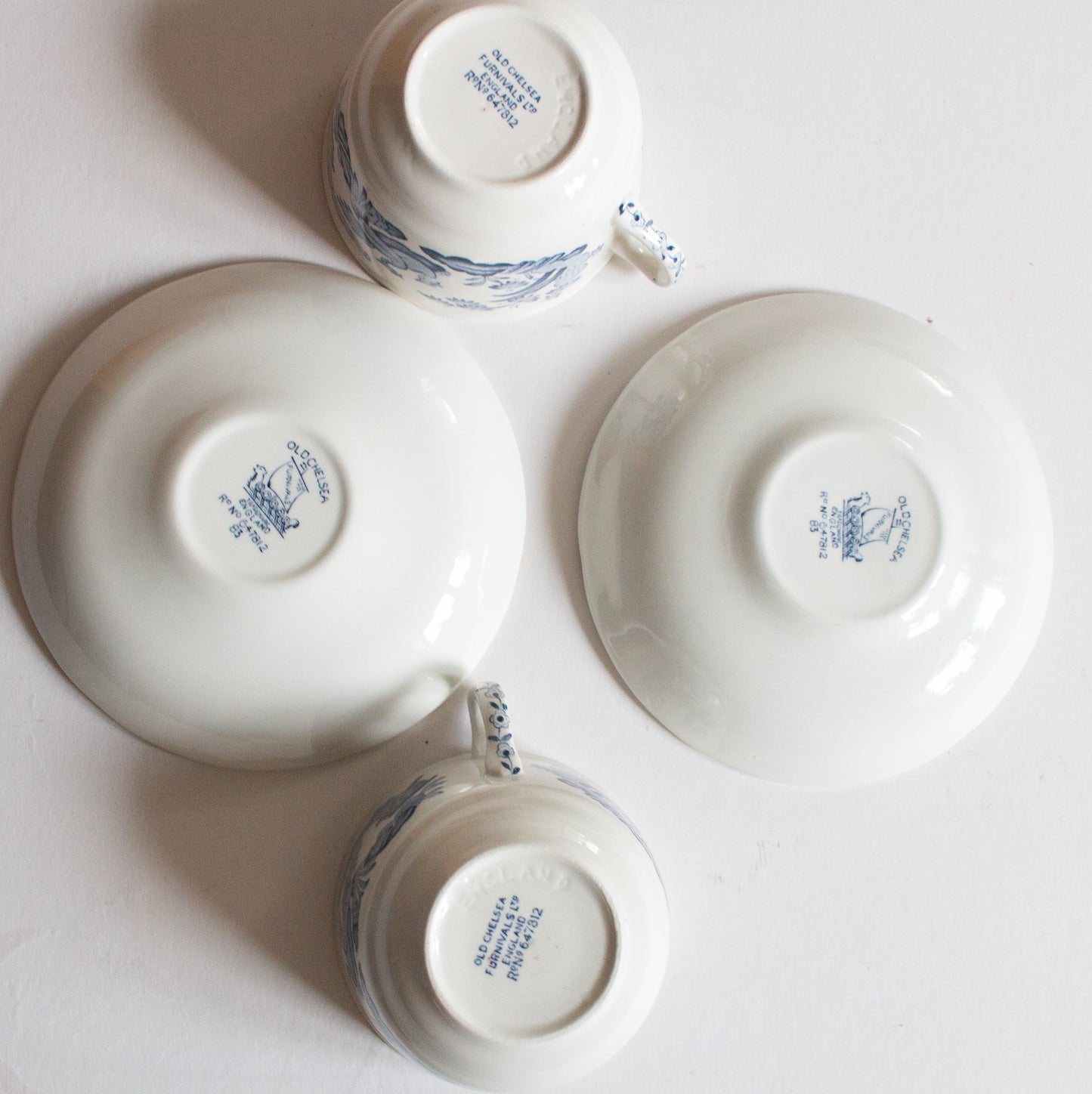 Furnivals 'Old Chelsea' Blue and White Transferware Teacups and Saucers (2)