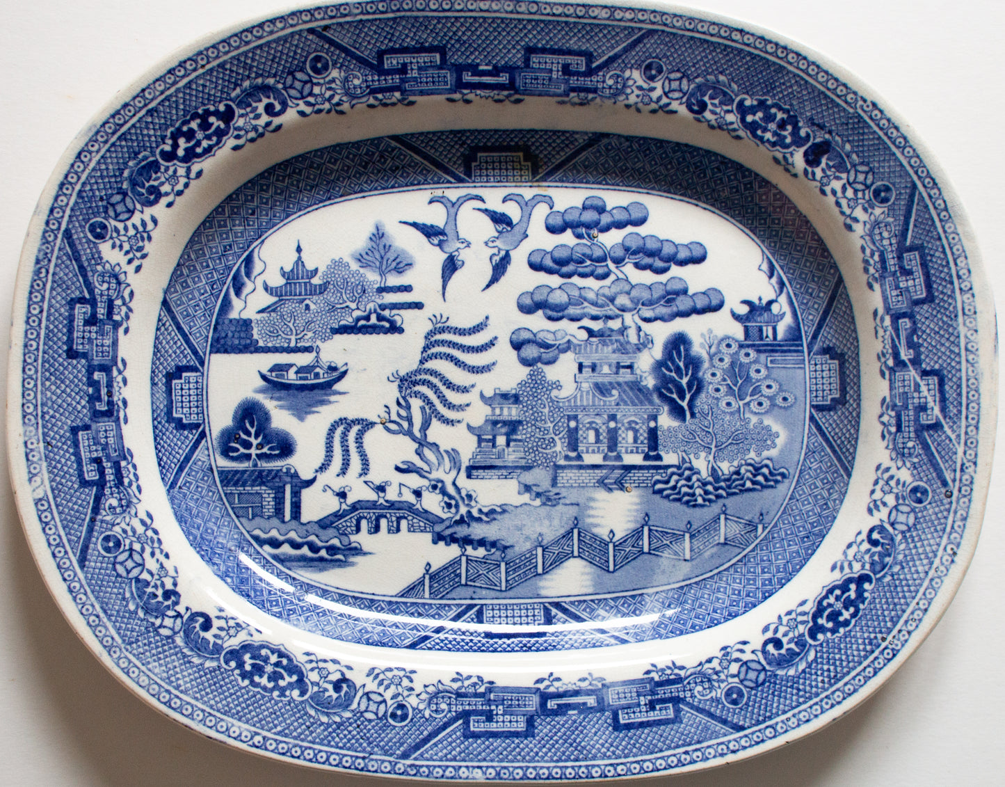 Antique Staffordshire 'Willow' Pattern 14" Blue and White Transferware Serving Platter