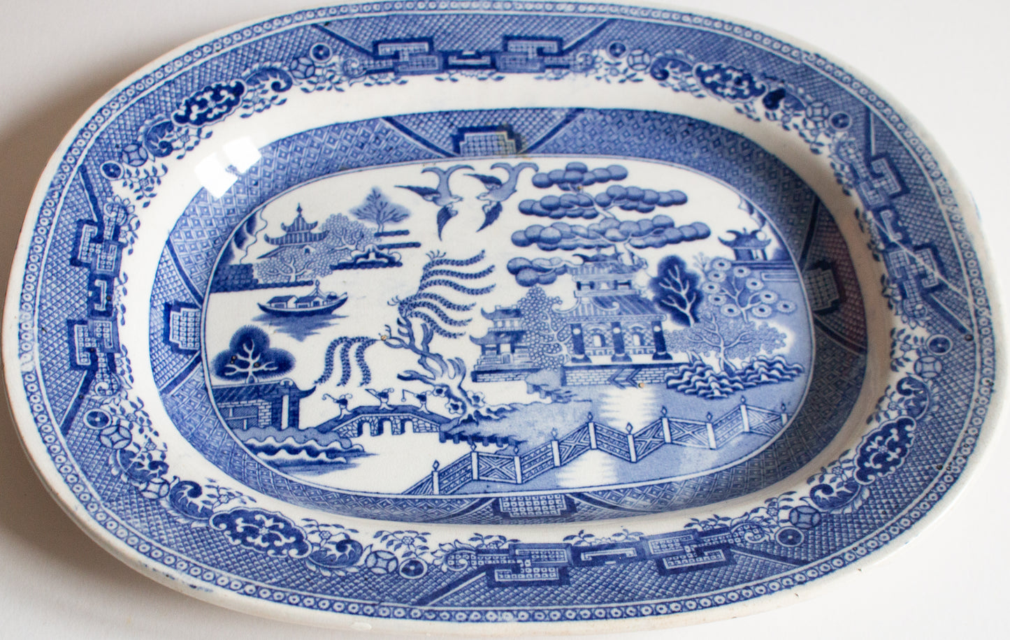 Antique Staffordshire 'Willow' Pattern 14" Blue and White Transferware Serving Platter