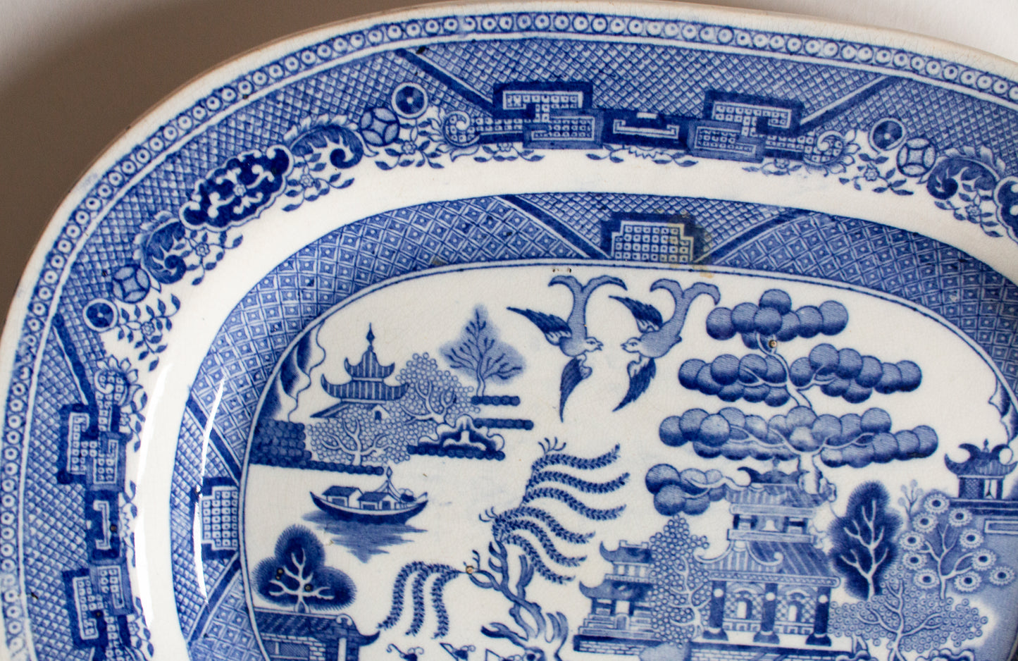 Antique Staffordshire 'Willow' Pattern 14" Blue and White Transferware Serving Platter