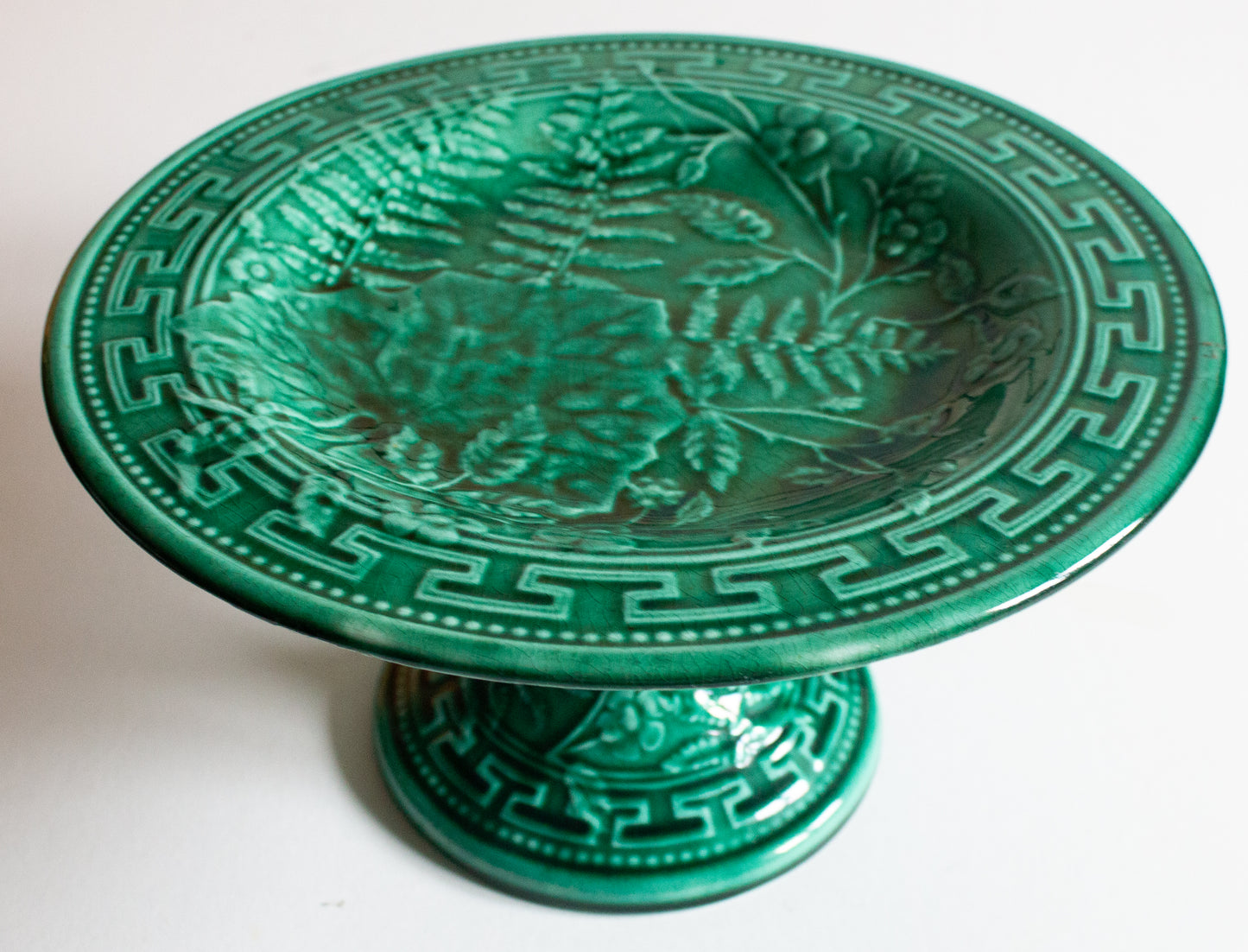 Large Antique Green Majolica Comport or Cake Stand with Fern Detail