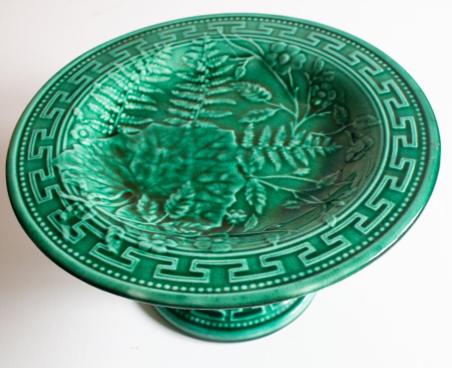 Large Antique Green Majolica Comport or Cake Stand with Fern Detail