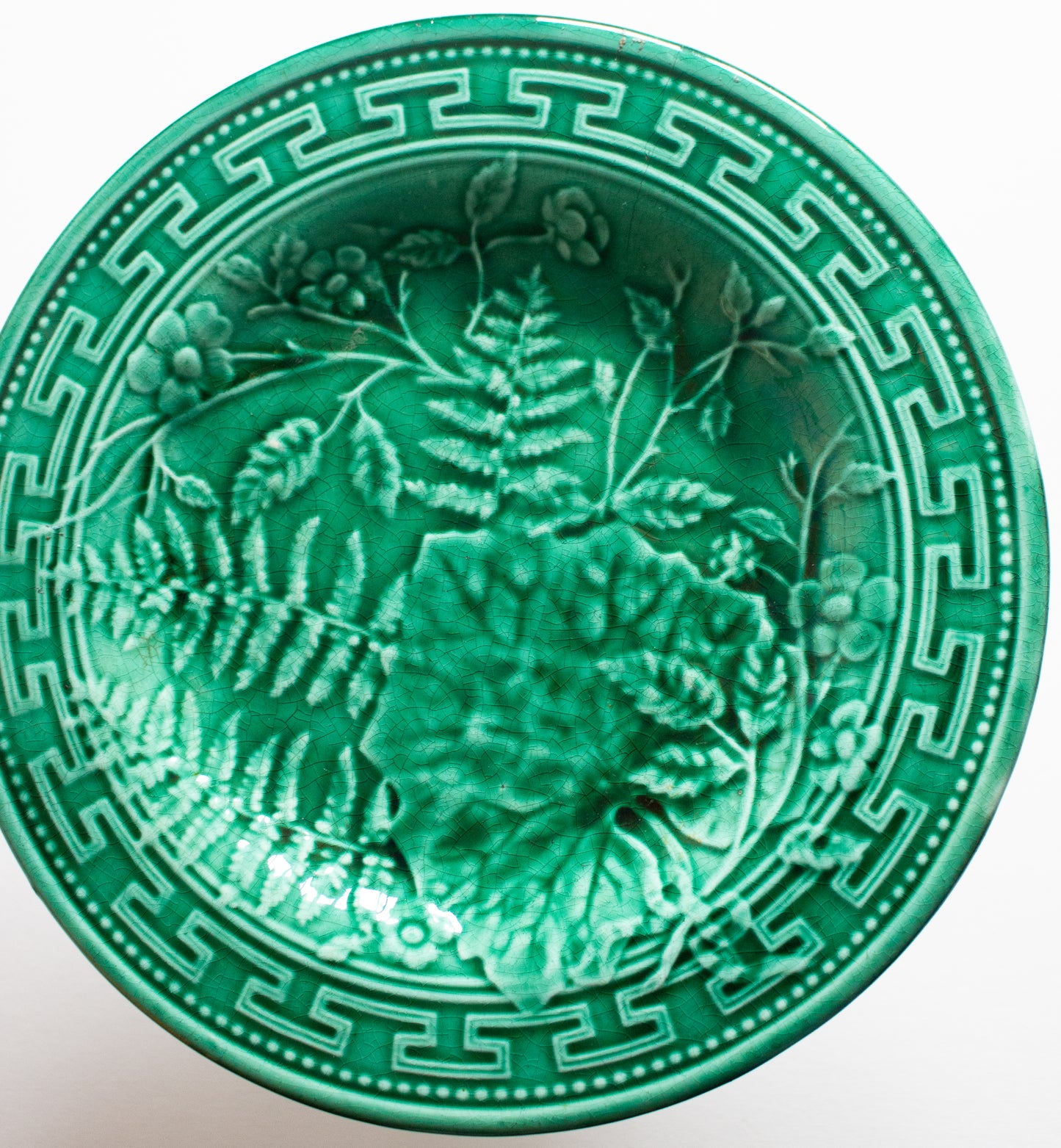 Large Antique Green Majolica Comport or Cake Stand with Fern Detail