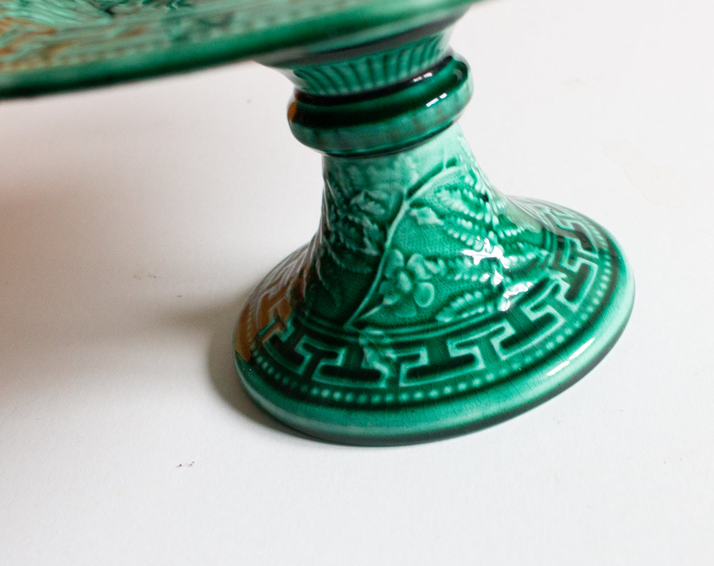 Large Antique Green Majolica Comport or Cake Stand with Fern Detail