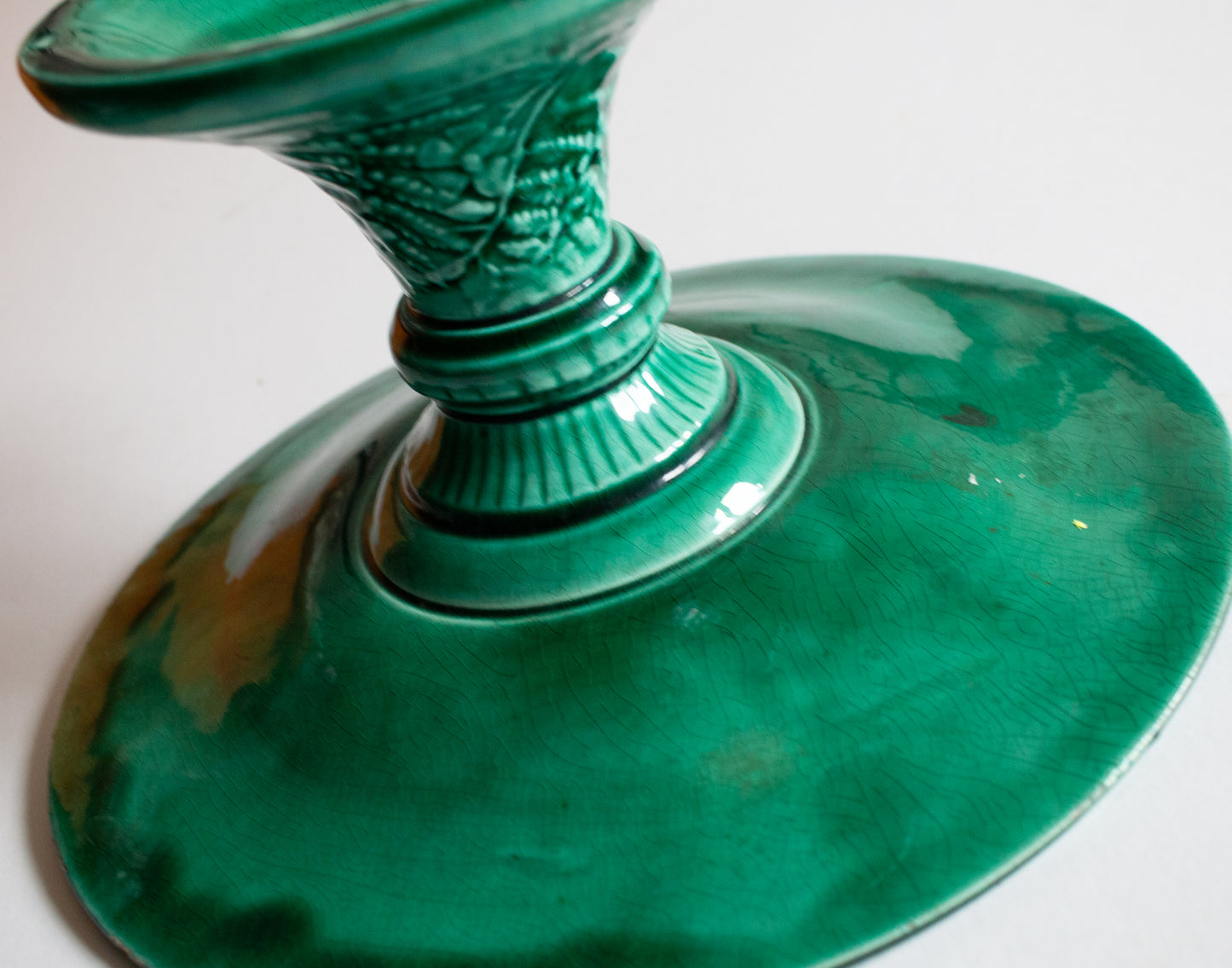 Large Antique Green Majolica Comport or Cake Stand with Fern Detail