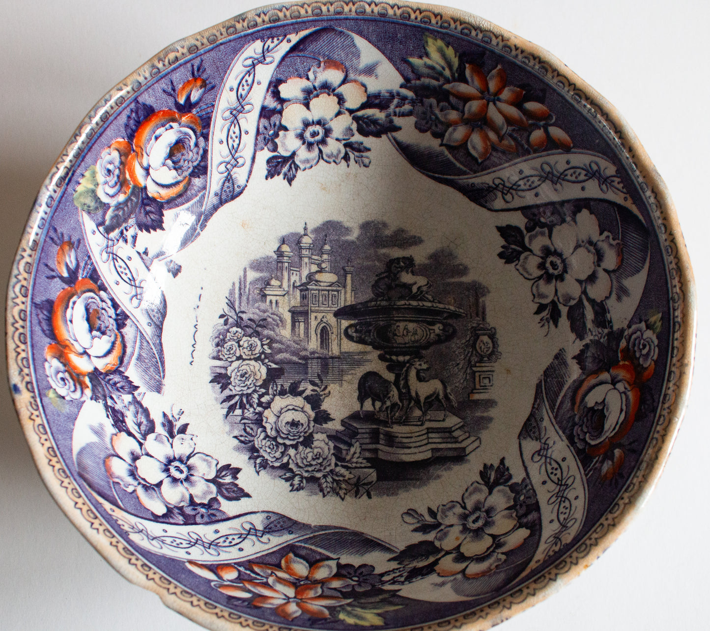 Large Footed Antique Transferware Serving Bowl with Classical Motifs