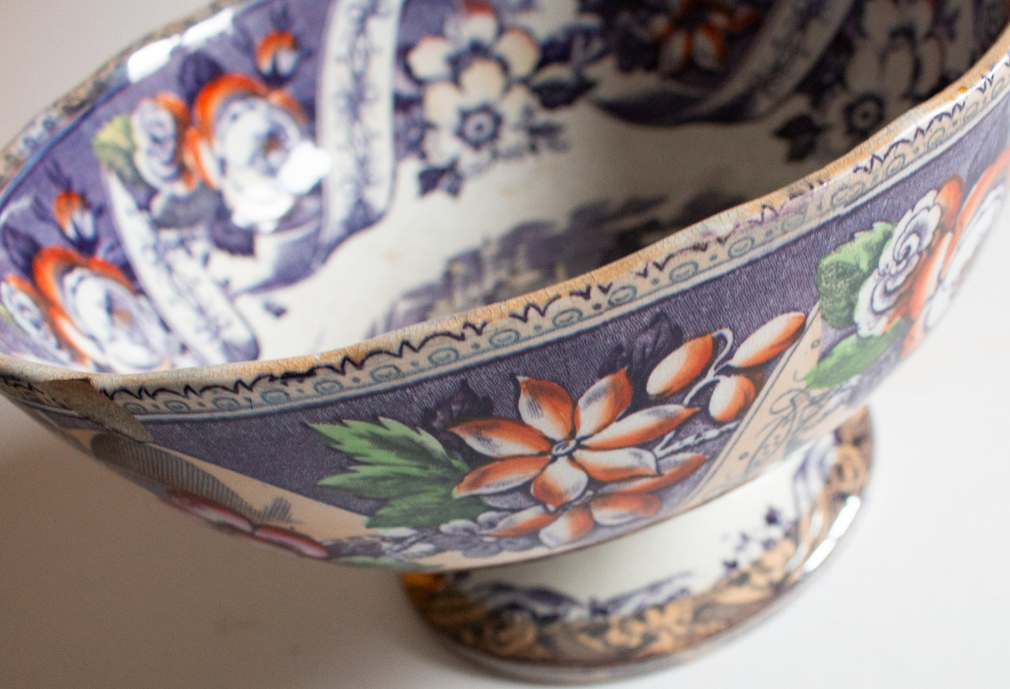 Large Footed Antique Transferware Serving Bowl with Classical Motifs