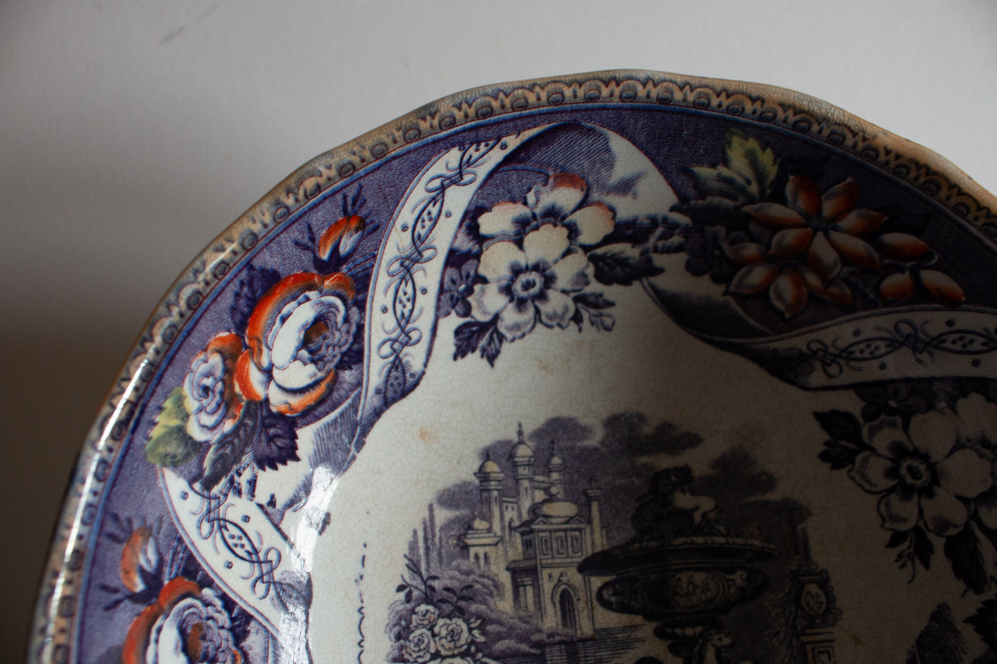 Large Footed Antique Transferware Serving Bowl with Classical Motifs