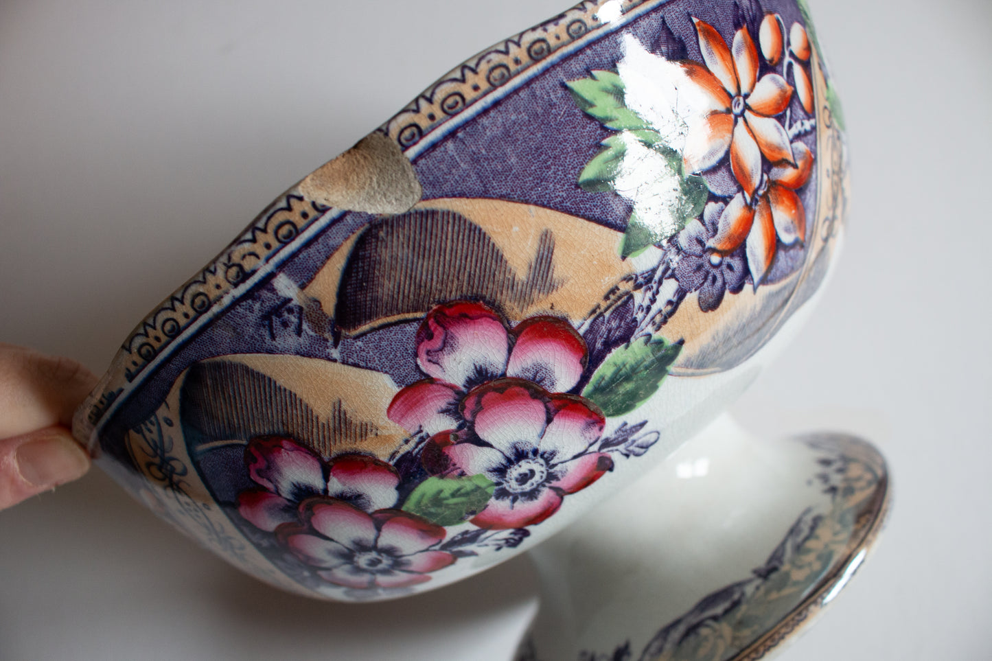 Large Footed Antique Transferware Serving Bowl with Classical Motifs