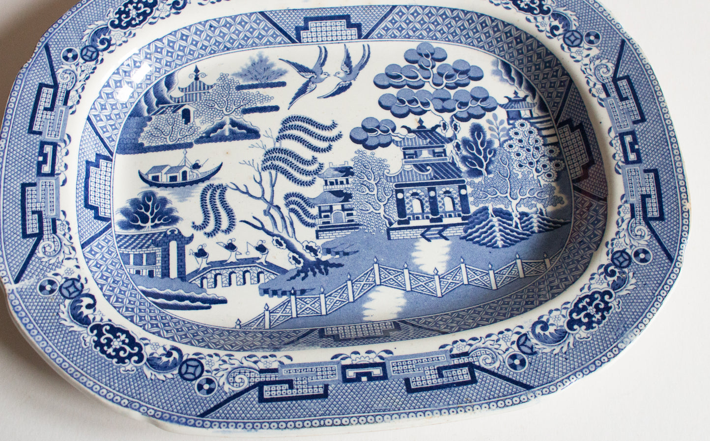 Antique 'Willow' Pattern 15.5" Blue and White Transferware Serving Platter