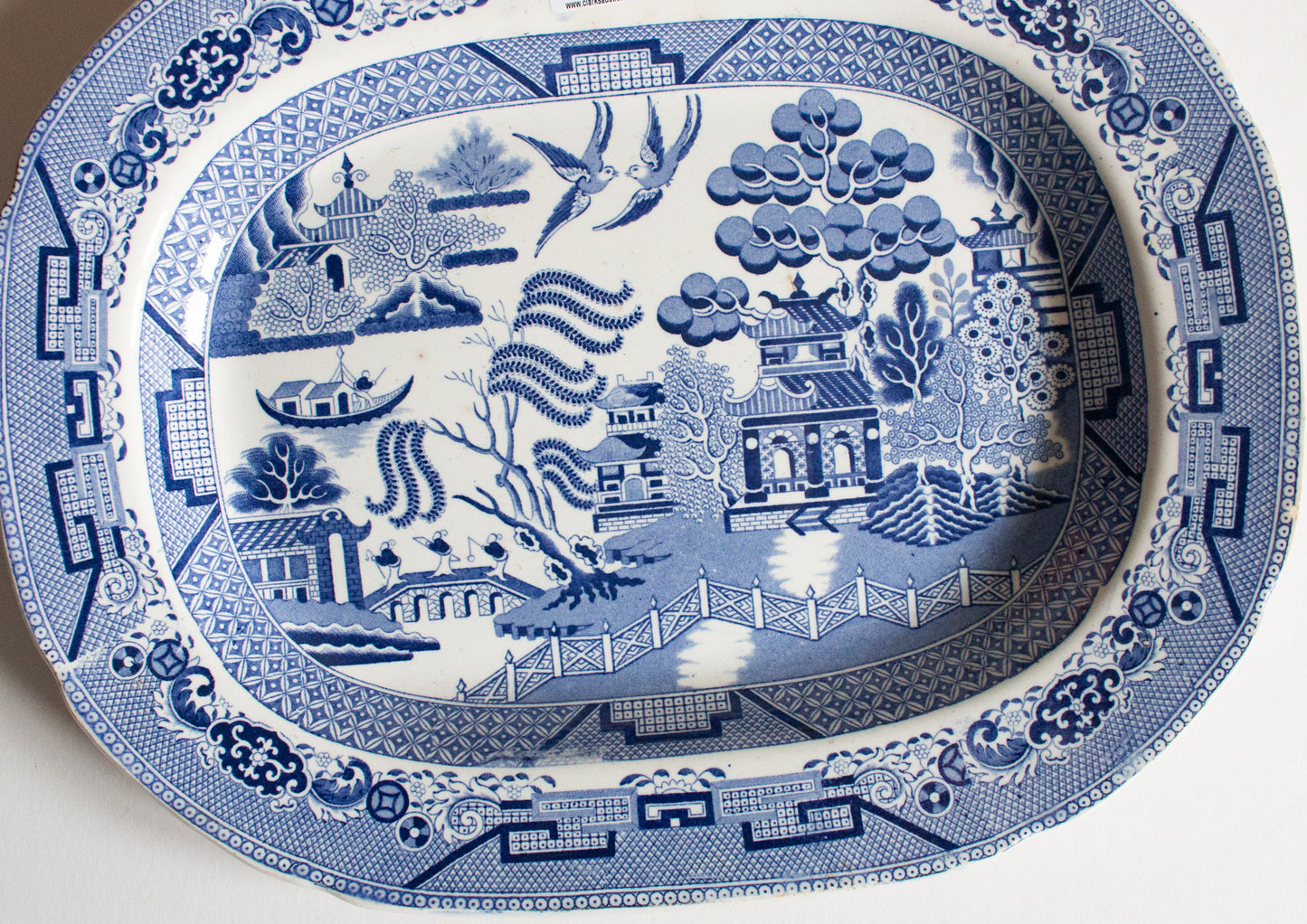 Antique 'Willow' Pattern 15.5" Blue and White Transferware Serving Platter