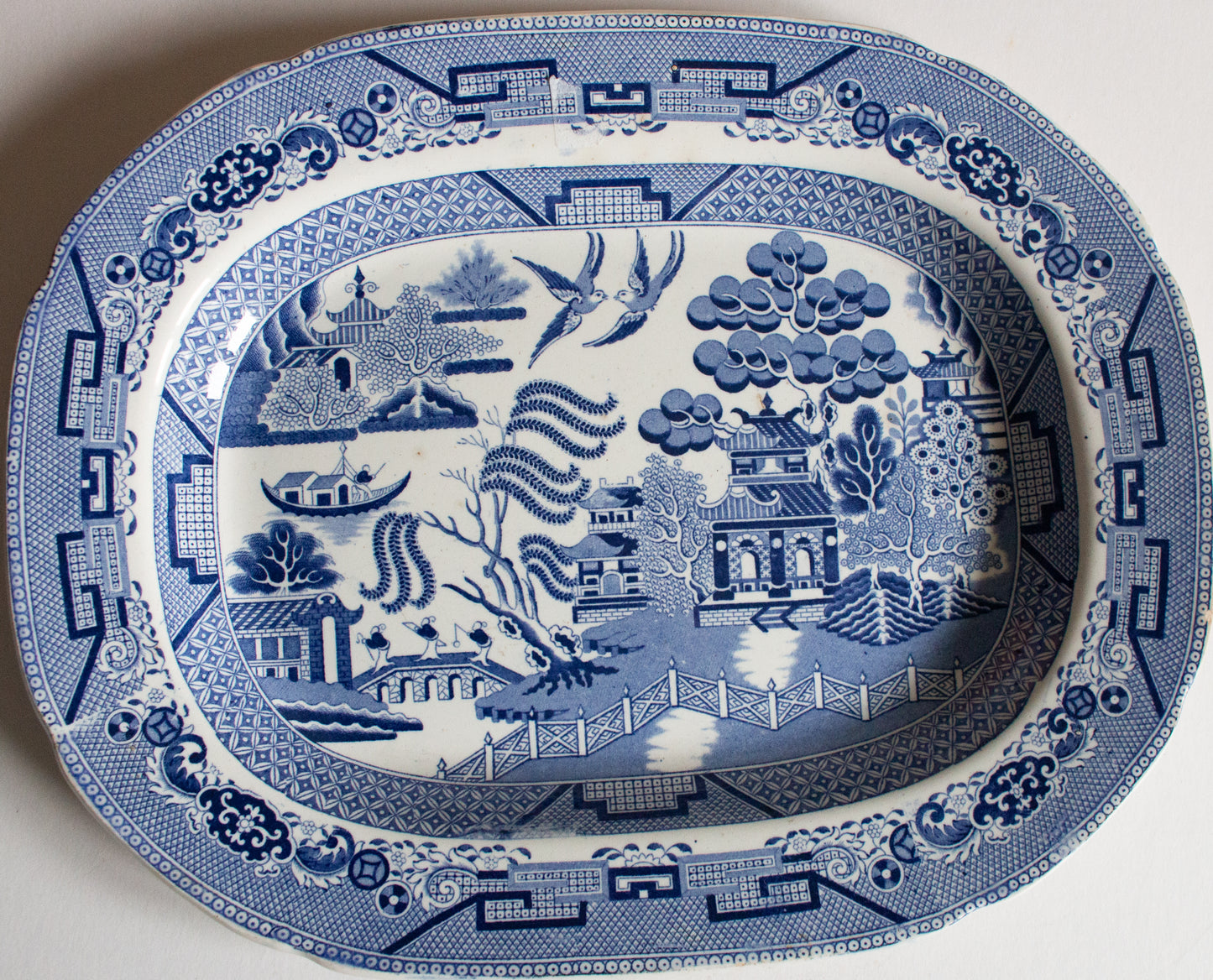 Antique 'Willow' Pattern 15.5" Blue and White Transferware Serving Platter