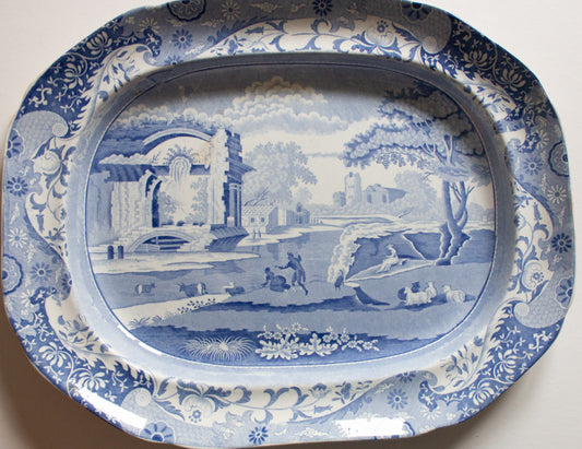 Large Antique 'Italian Ruins' Pattern 19" Blue and White Transferware Serving Platter