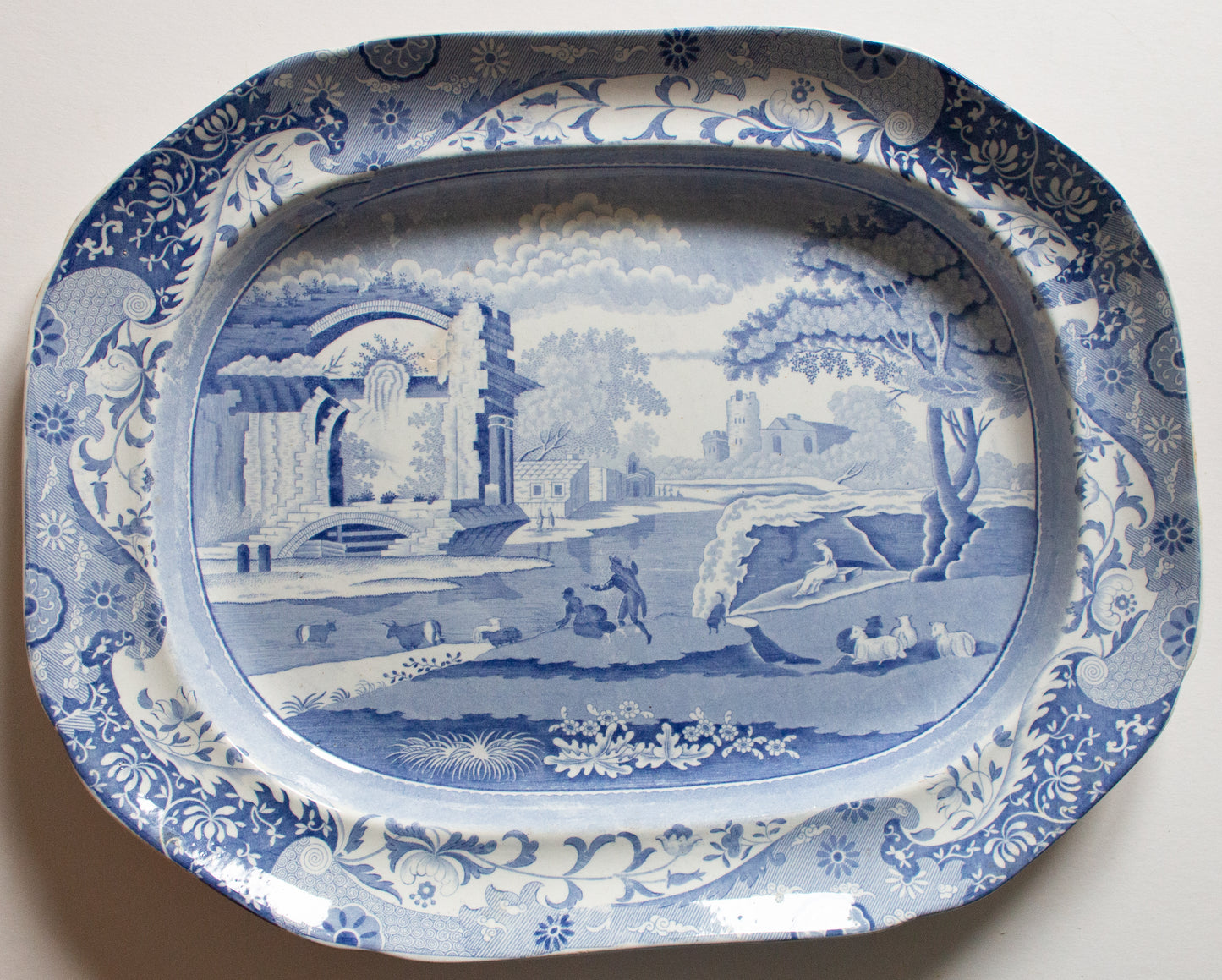 Large Antique 'Italian Ruins' Pattern 19" Blue and White Transferware Serving Platter