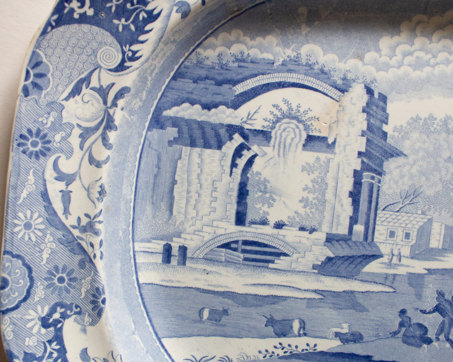 Large Antique 'Italian Ruins' Pattern 19" Blue and White Transferware Serving Platter