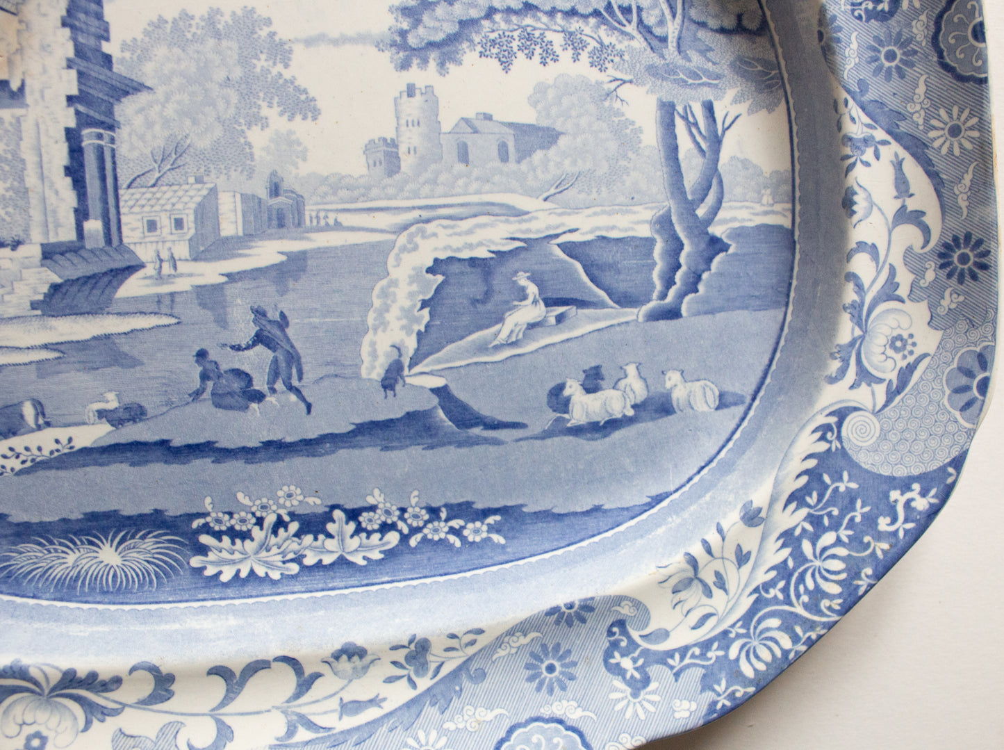 Large Antique 'Italian Ruins' Pattern 19" Blue and White Transferware Serving Platter