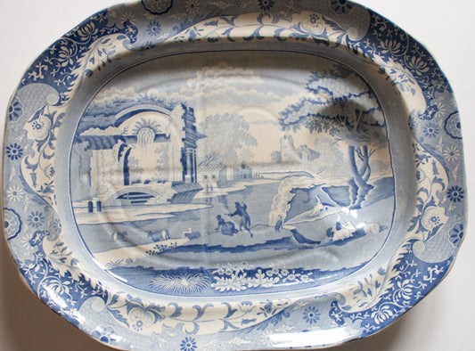 Large Antique 'Italian Ruins' Pattern 19" Blue and White Transferware Serving Platter with Gravy Well