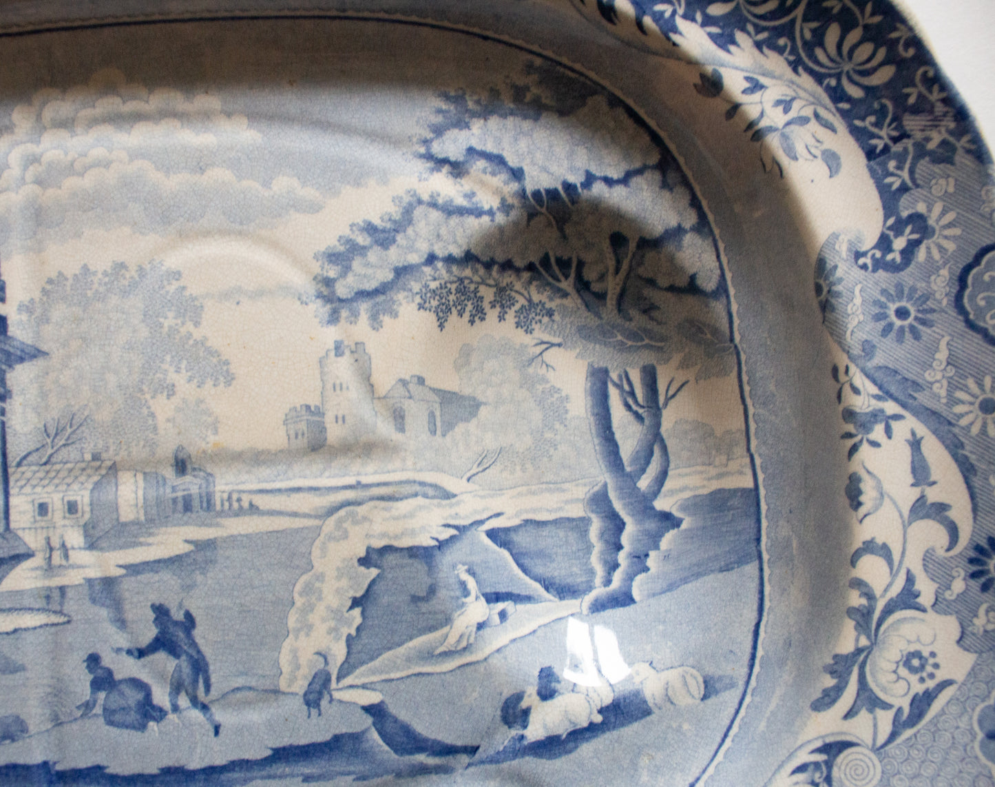 Large Antique 'Italian Ruins' Pattern 19" Blue and White Transferware Serving Platter with Gravy Well