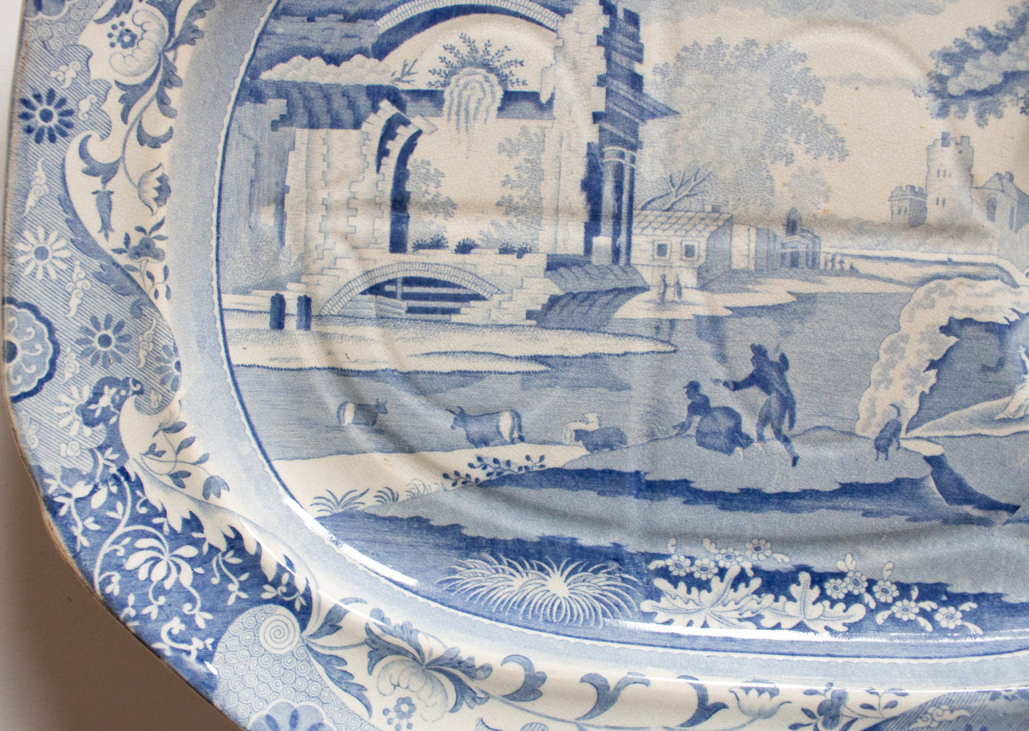 Large Antique 'Italian Ruins' Pattern 19" Blue and White Transferware Serving Platter with Gravy Well