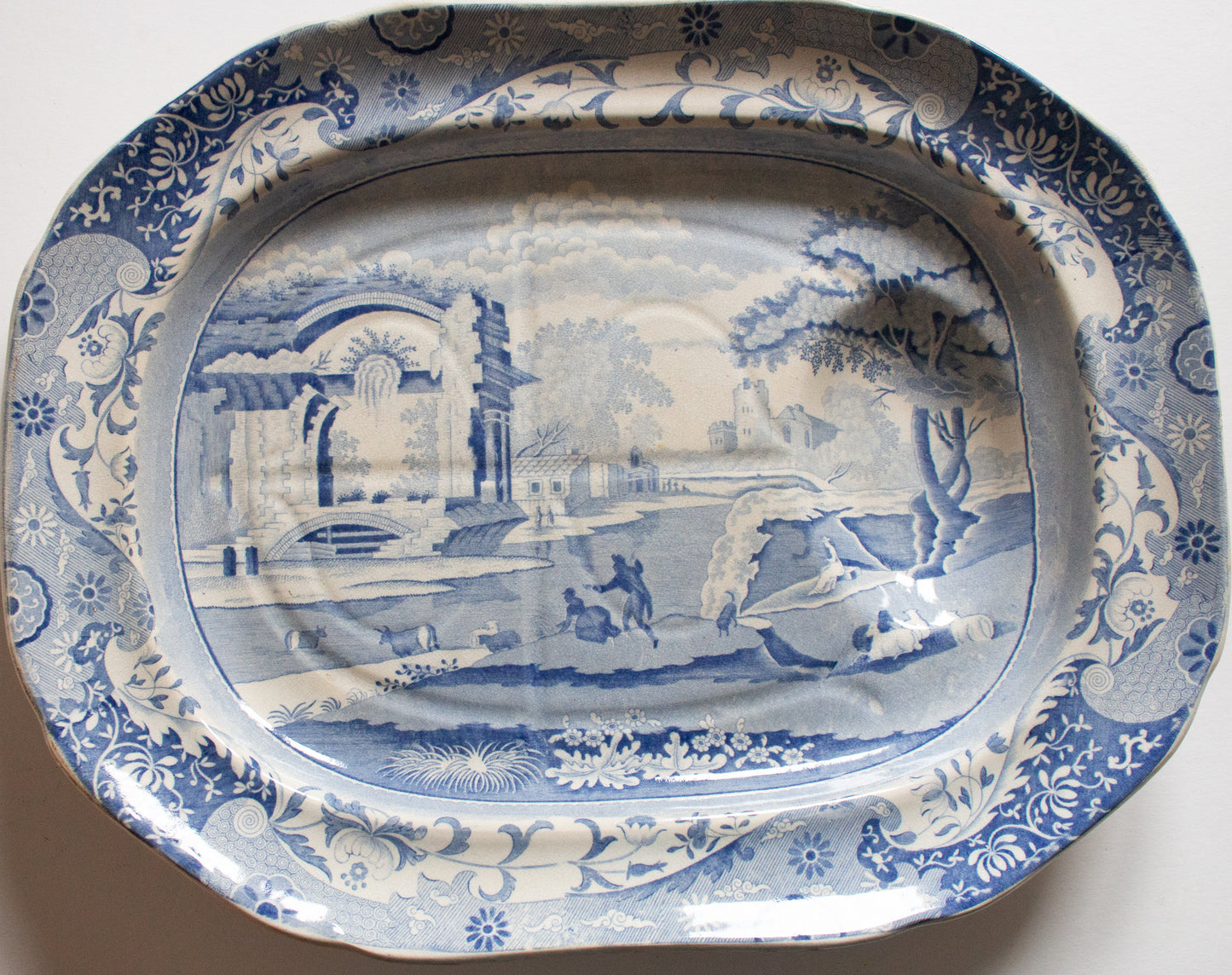 Large Antique 'Italian Ruins' Pattern 19" Blue and White Transferware Serving Platter with Gravy Well