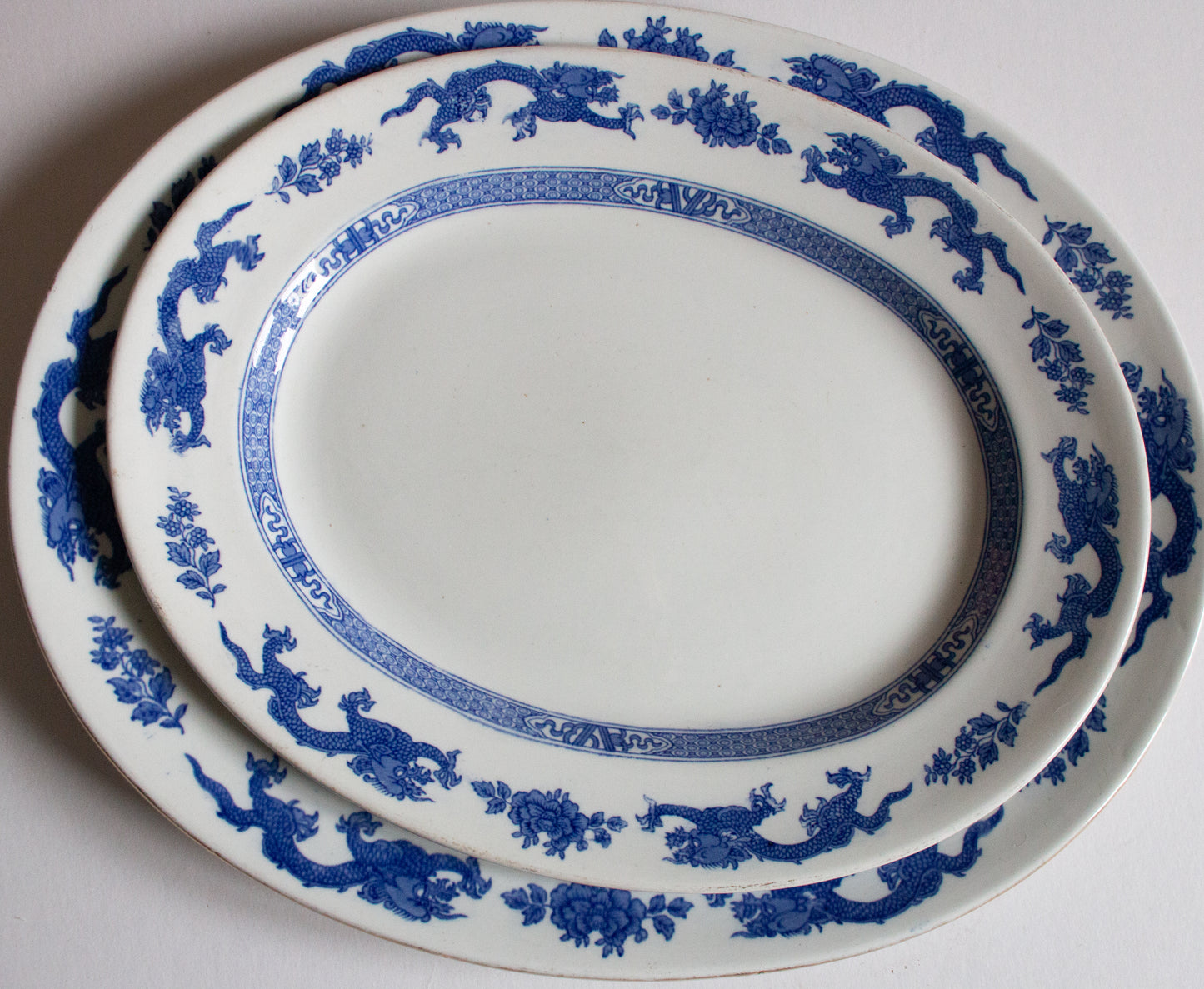 Cauldon 'Dragon' Pattern Blue and White Transferware Graduated Platters (2)