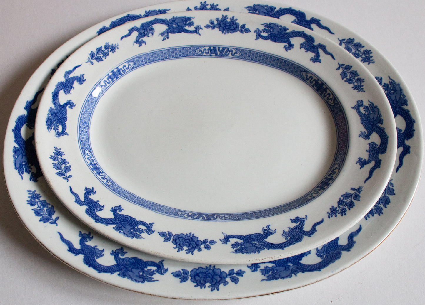 Cauldon 'Dragon' Pattern Blue and White Transferware Graduated Platters (2)