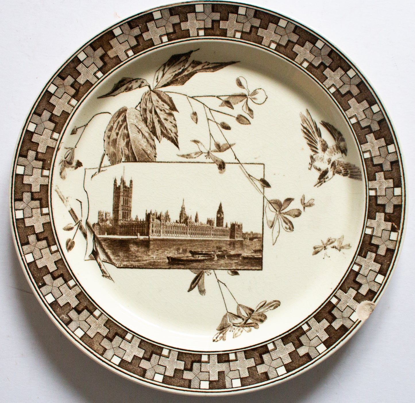 Antique Powell, Bishop & Stonier 'London' Pattern Brown and White Transferware 10"  Plate