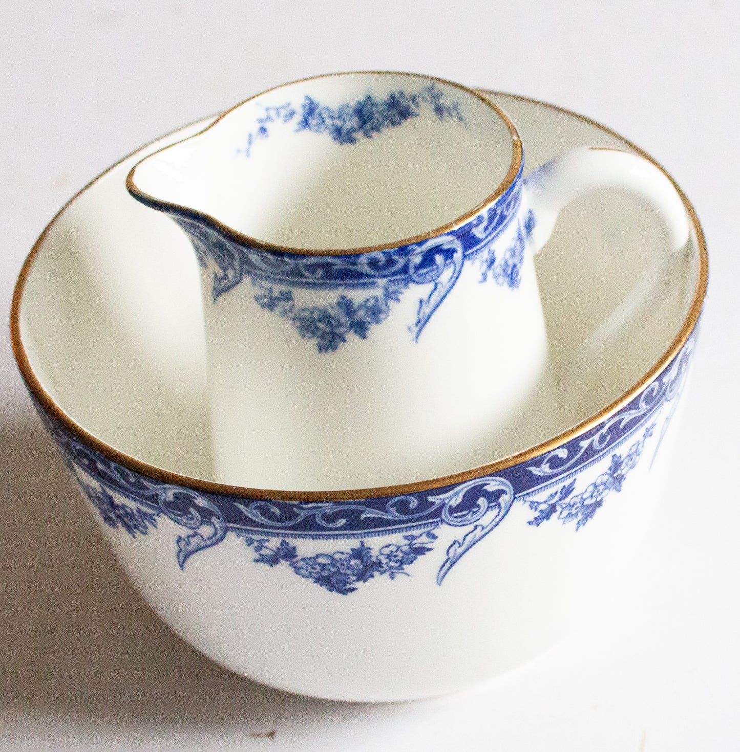 Aynsley Blue and White Transferware Sugar Bowl and Creamer Set
