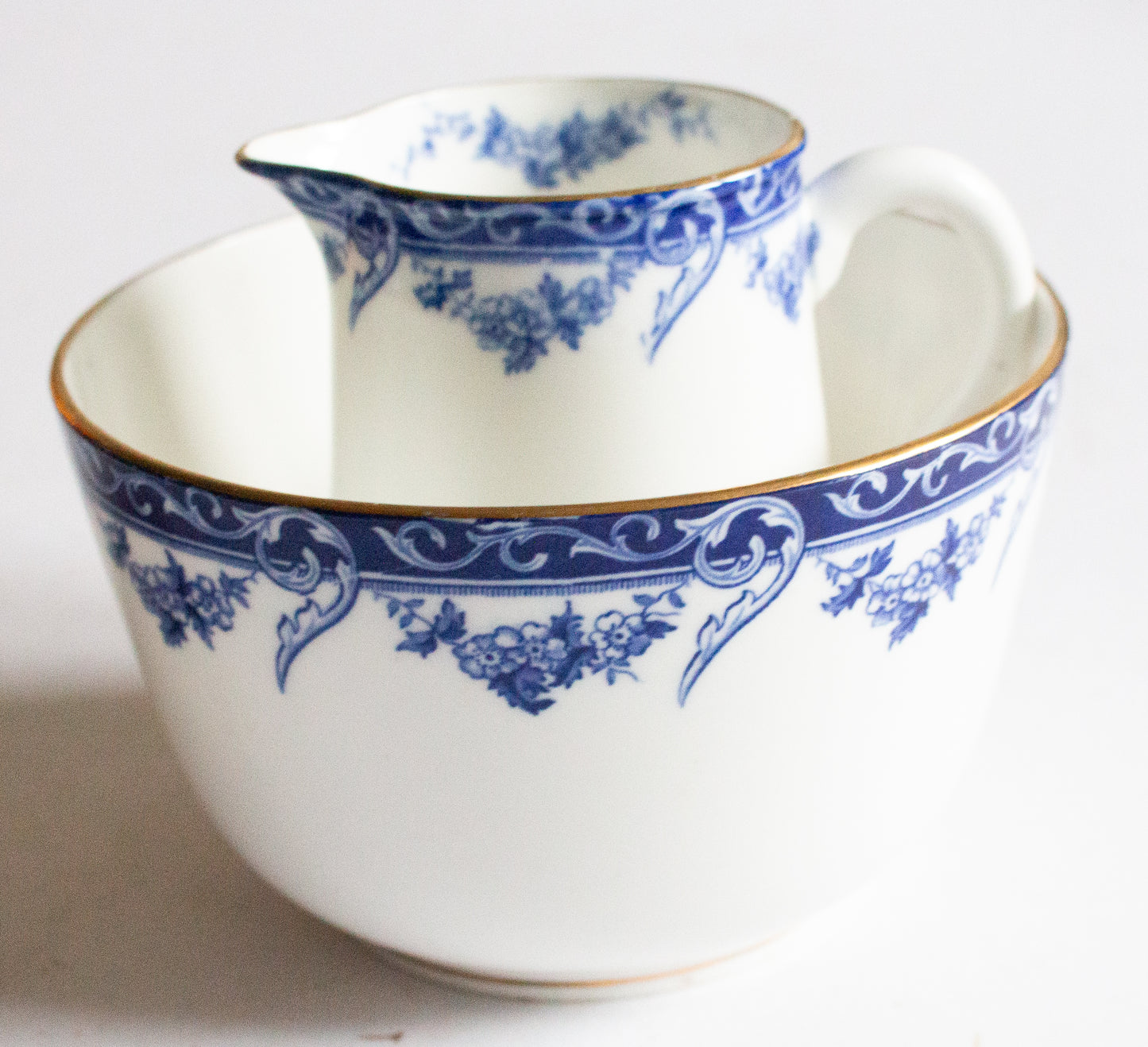 Aynsley Blue and White Transferware Sugar Bowl and Creamer Set