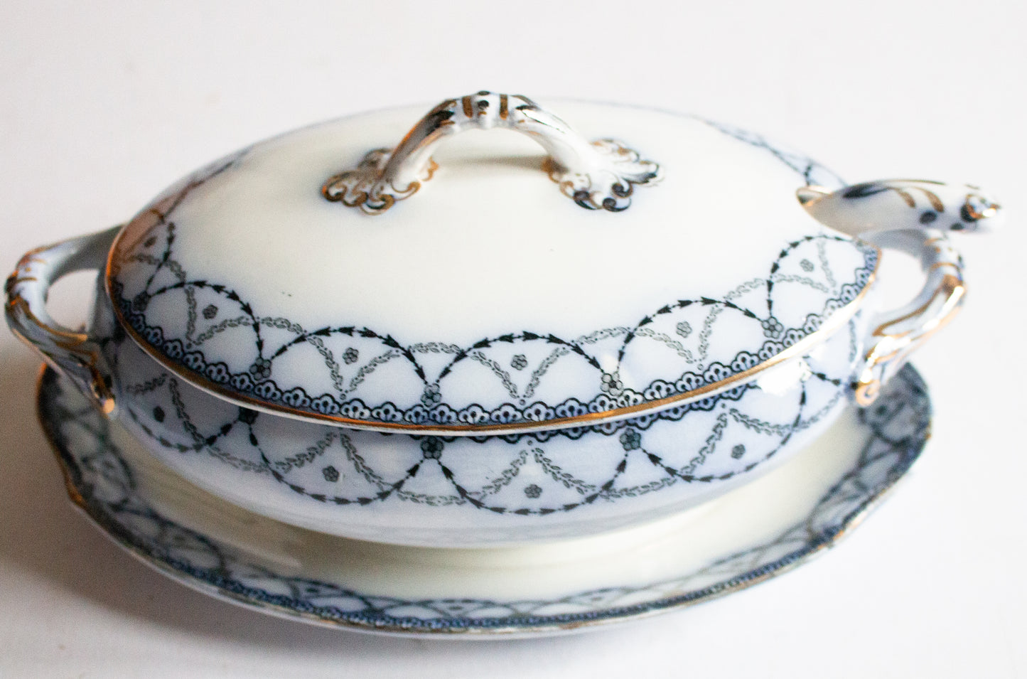 Henry Alcock & Co. Ltd. Semi Porcelain 'Laurel' Pattern Blue and White Transferware  Small Lidded Tureen with Original Ladle and Stand